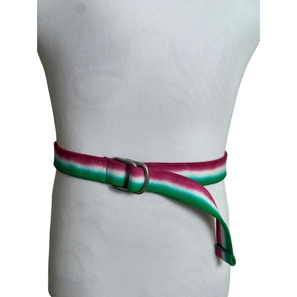 Polo Ralph Lauren D-Ring Belt Mens OS Green Pink Ombre Striped Preppy Canvas A61